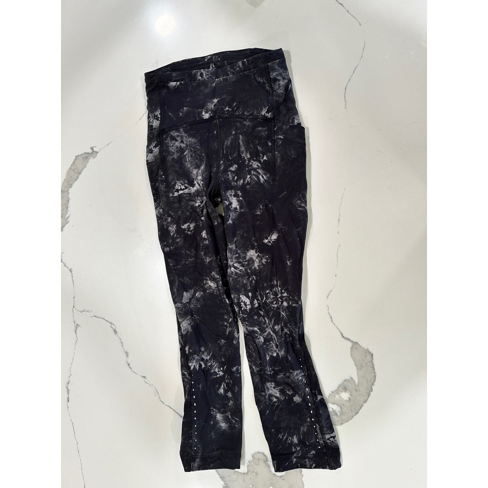 Lululemon Fast and Free Crop Ice Dye Black Grey Leggings Sz 0 Pockets Reflective